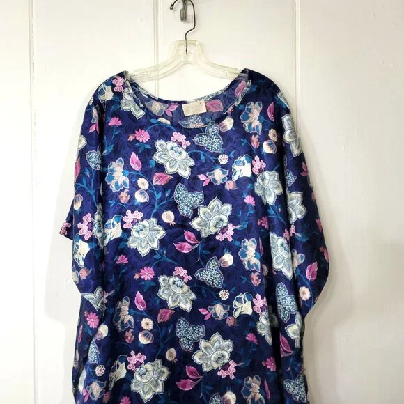 California Dynasty Blue Satin Floral Caftan Loungewear - Picture 2 of 5